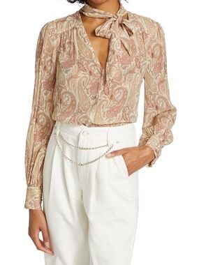 Paige Cleobella Silk Tie Neck Blouse in Cream and Lipstick Pink | Size Medium